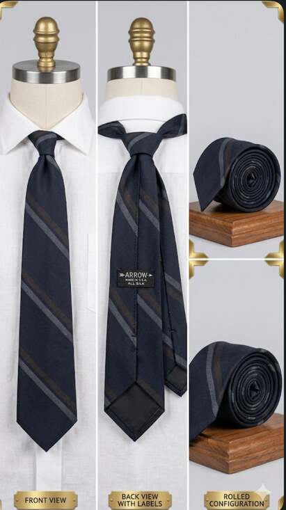Arrow Other - Vintage Navy and Brown Striped Wool Tie made in USA